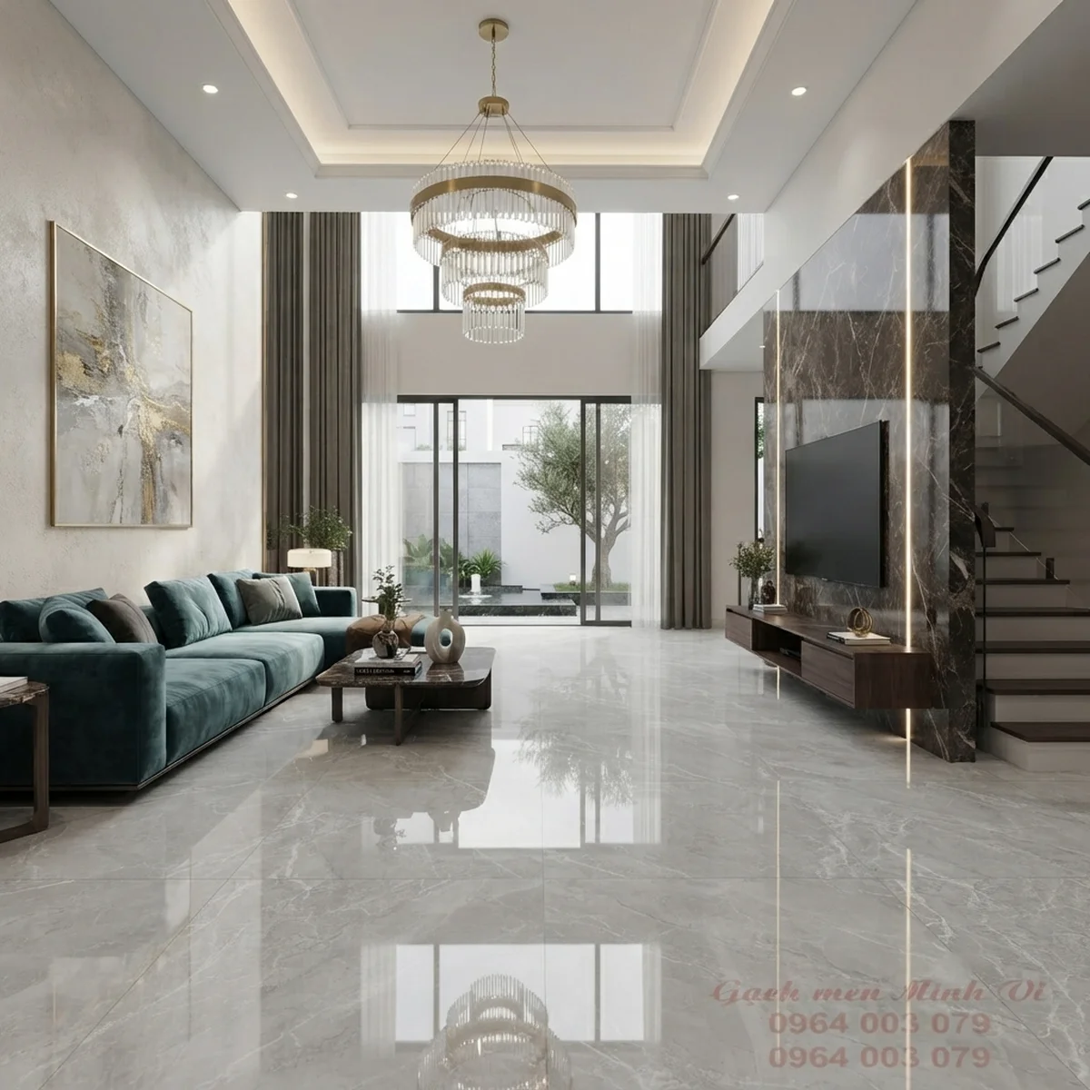 Phòng khách lát gạch Viglacera 80x80 bóng kính vân đá xám sáng