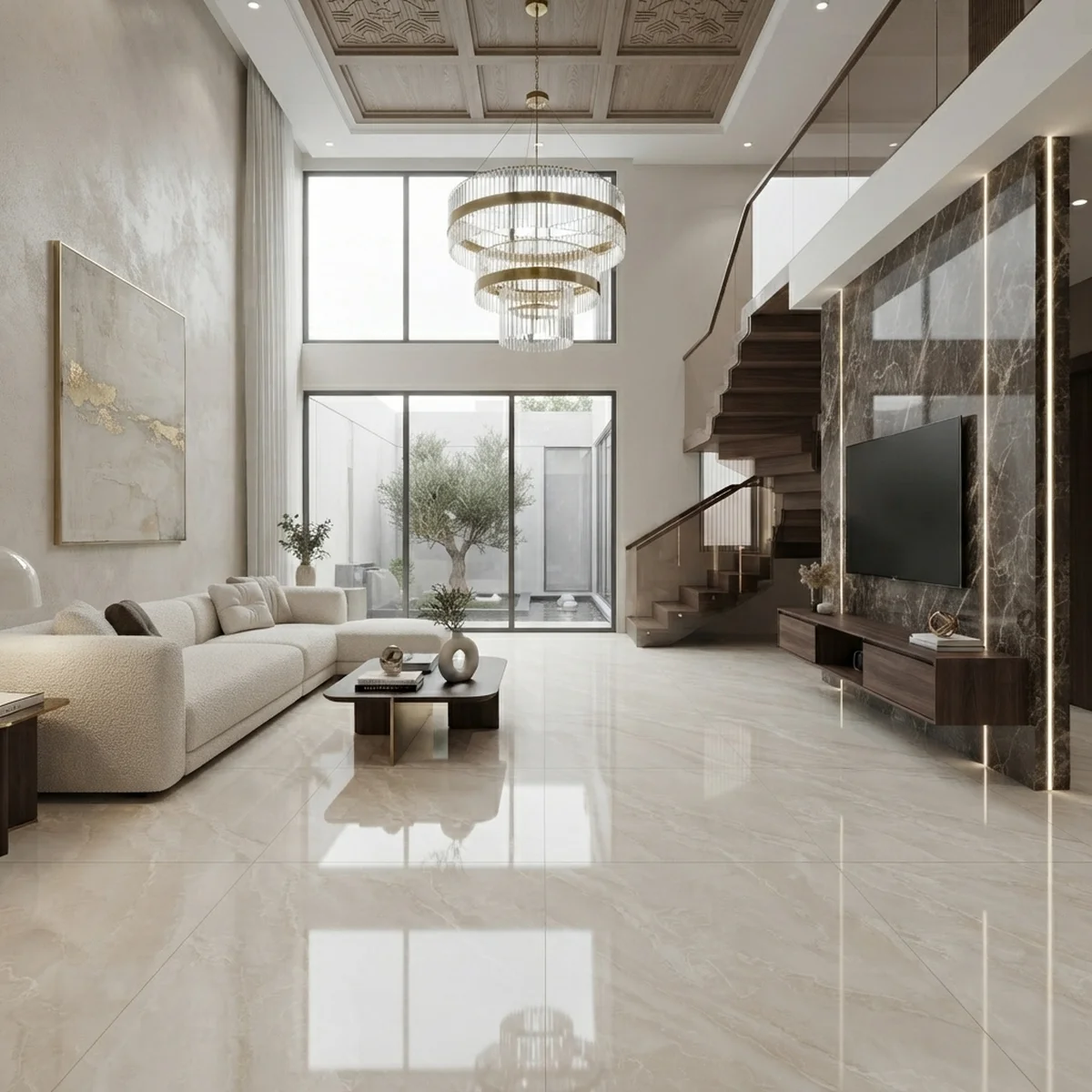 Gạch Viglacera 80x80 vàng kem bóng kính lát nền phòng khách