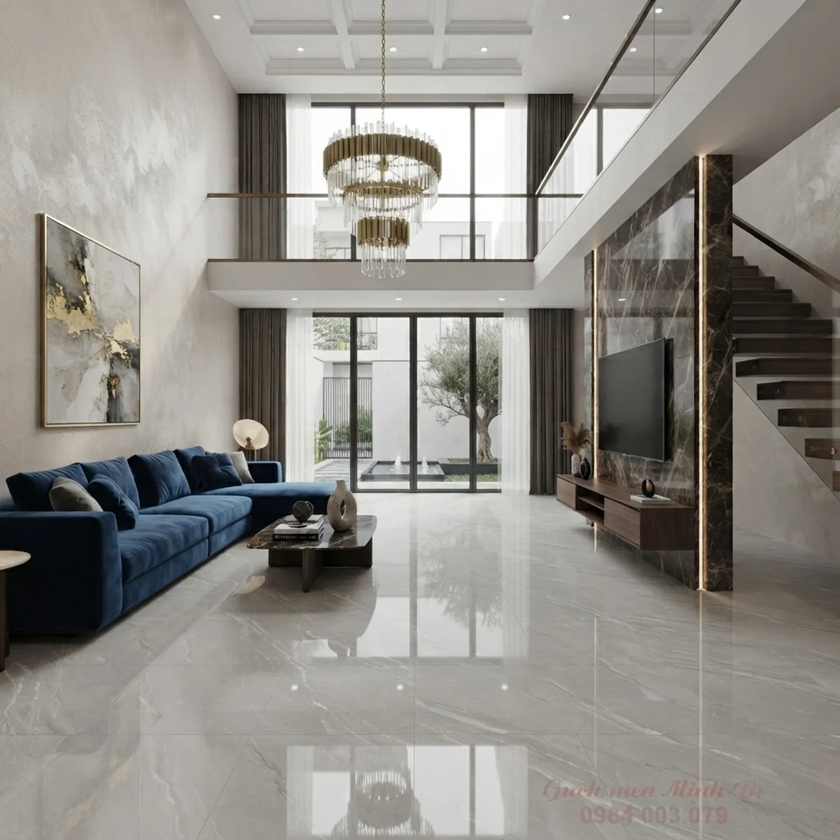 Phòng khách lát gạch Viglacera 80x80 bóng kính vân đá xám trắng