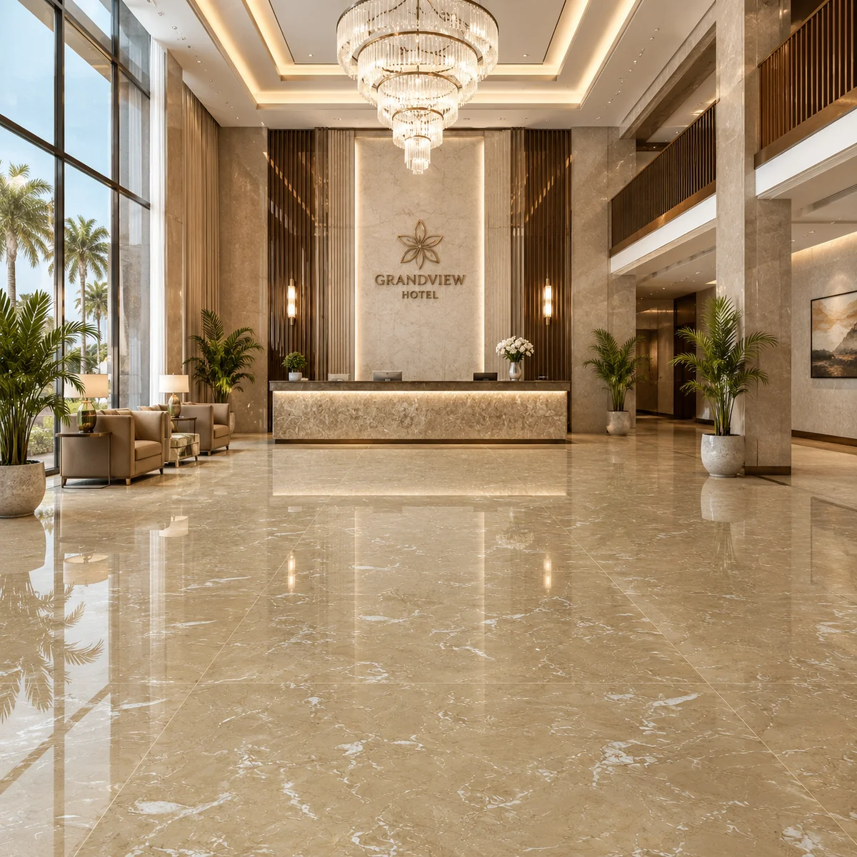 Phòng khách lát gạch 80x80 bóng kính vân đá vàng kem marble sang trọng hiện đại