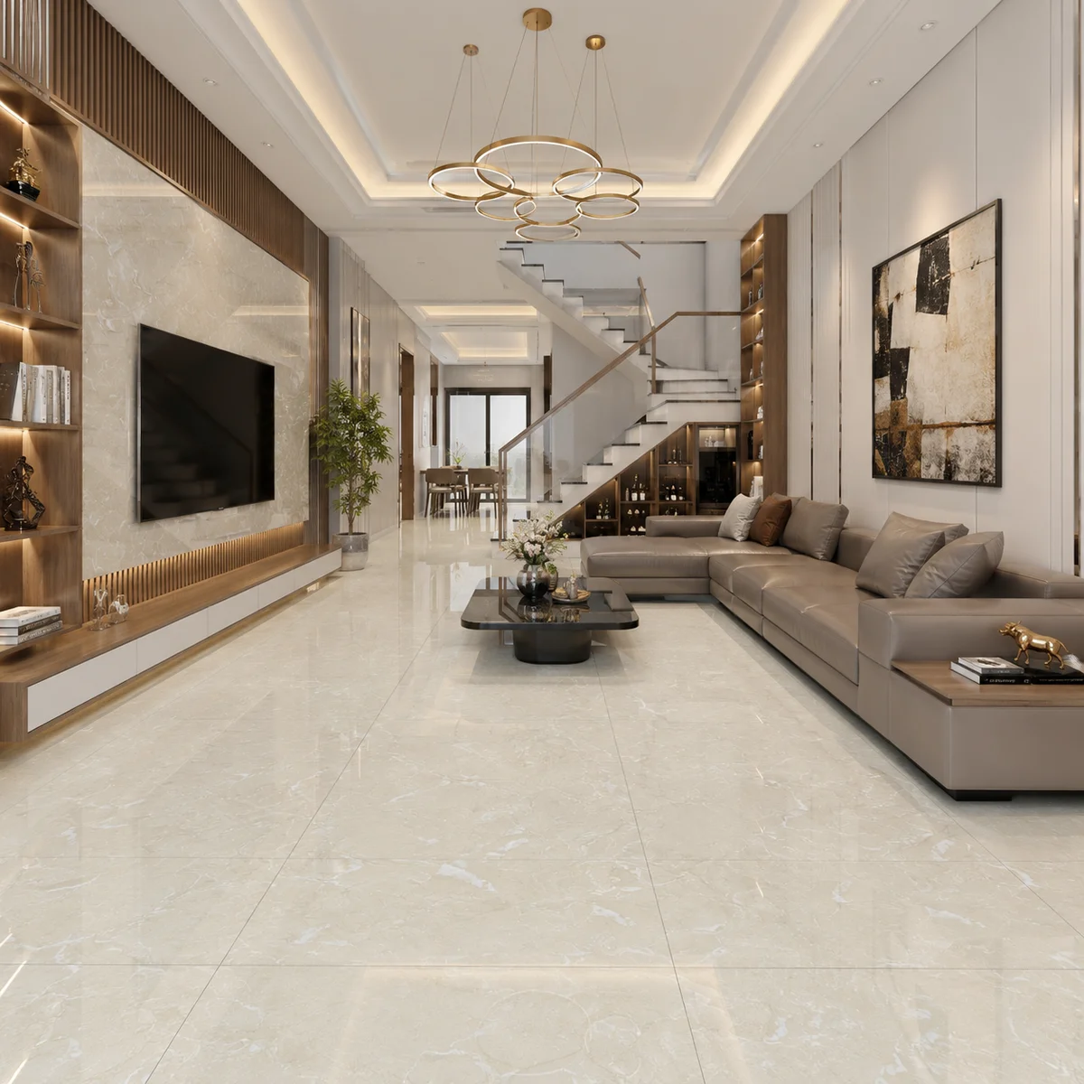 Phòng khách lát gạch bóng kính 80x80 vân đá marble màu kem vàng sang trọng hiện đại
