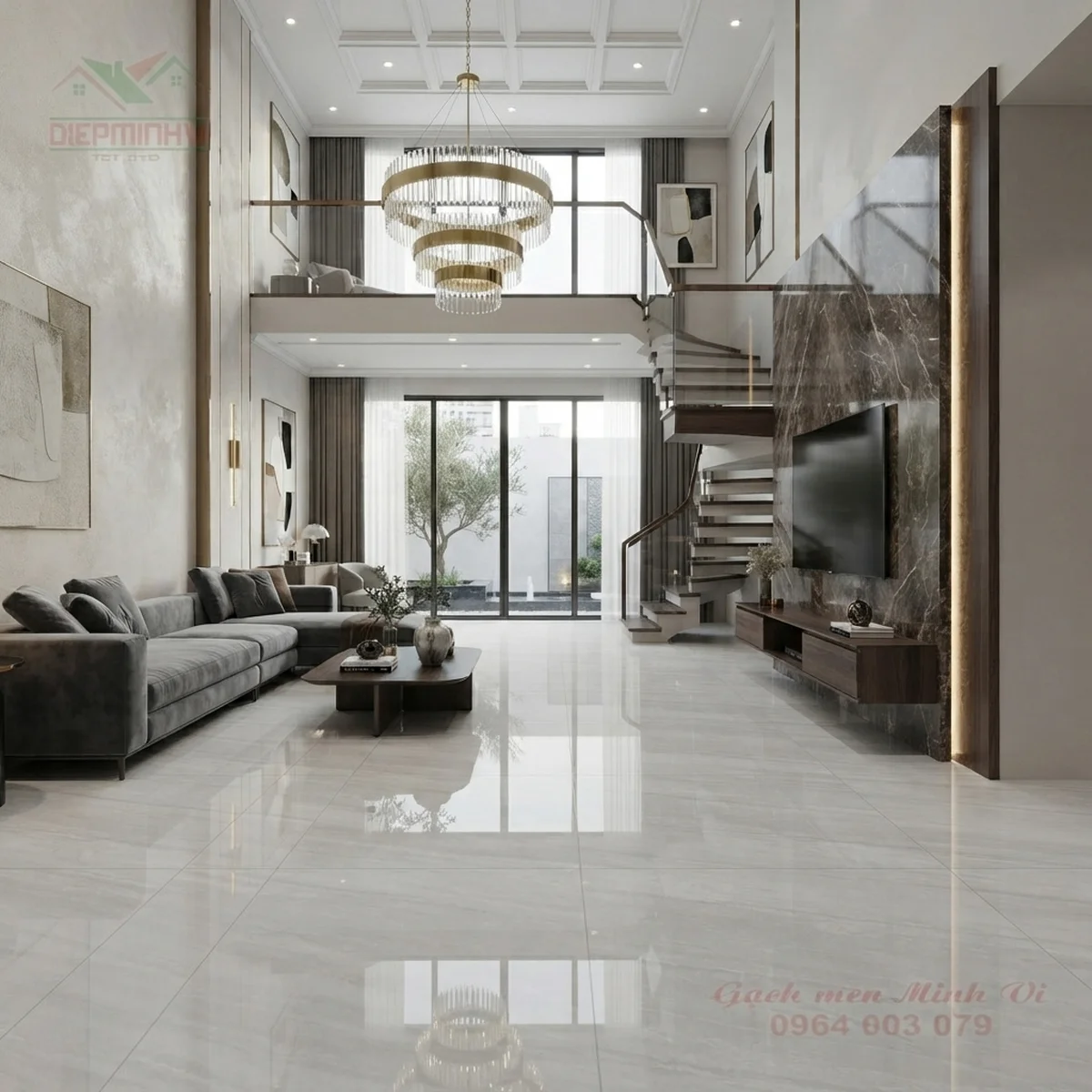 Phòng khách sử dụng gạch bóng kính 80x80 Viglacera GP883010 vân đá xám nhạt