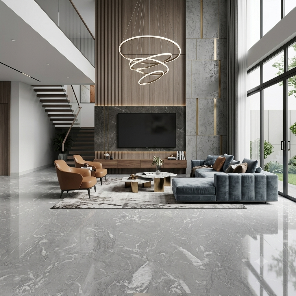Phòng khách hiện đại sử dụng gạch lát nền 80x80 màu xám tro TTC005 bề mặt bóng kính