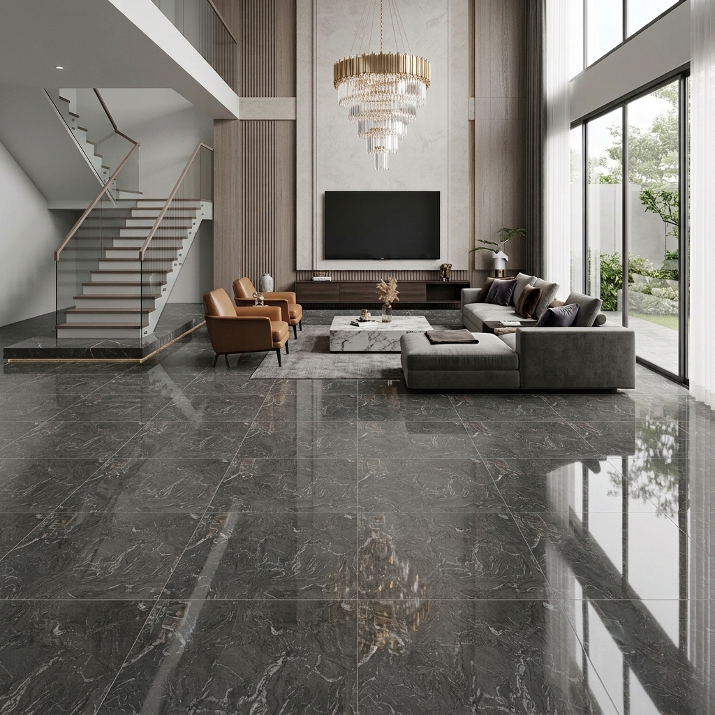 Phòng khách hiện đại lát gạch 80x80 màu xám P8806 bề mặt bóng kính