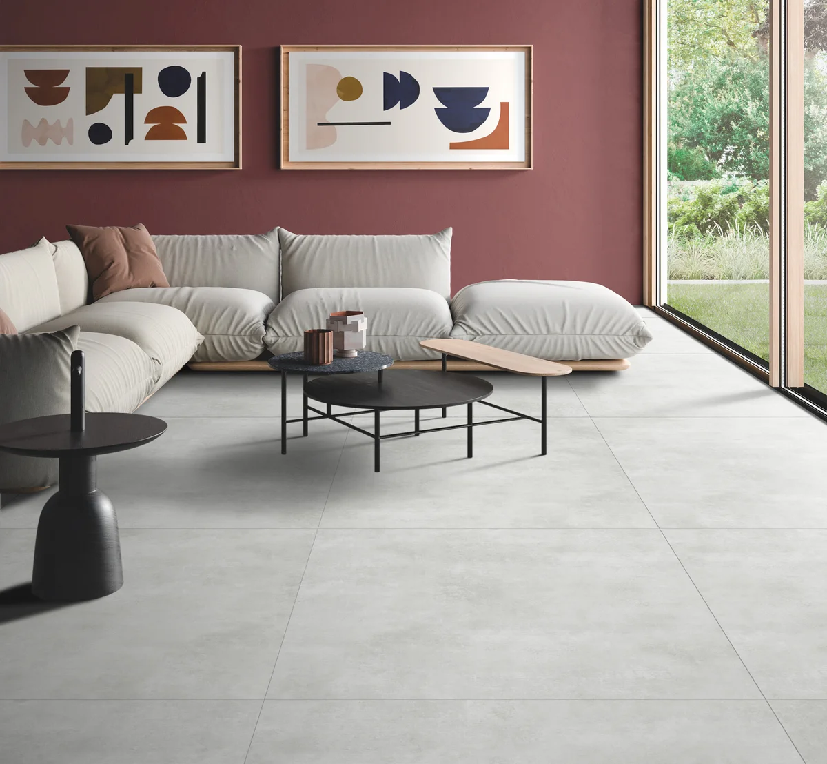 Phòng khách sử dụng gạch men mờ 80x80 xám trắng hiện đại sang trọng