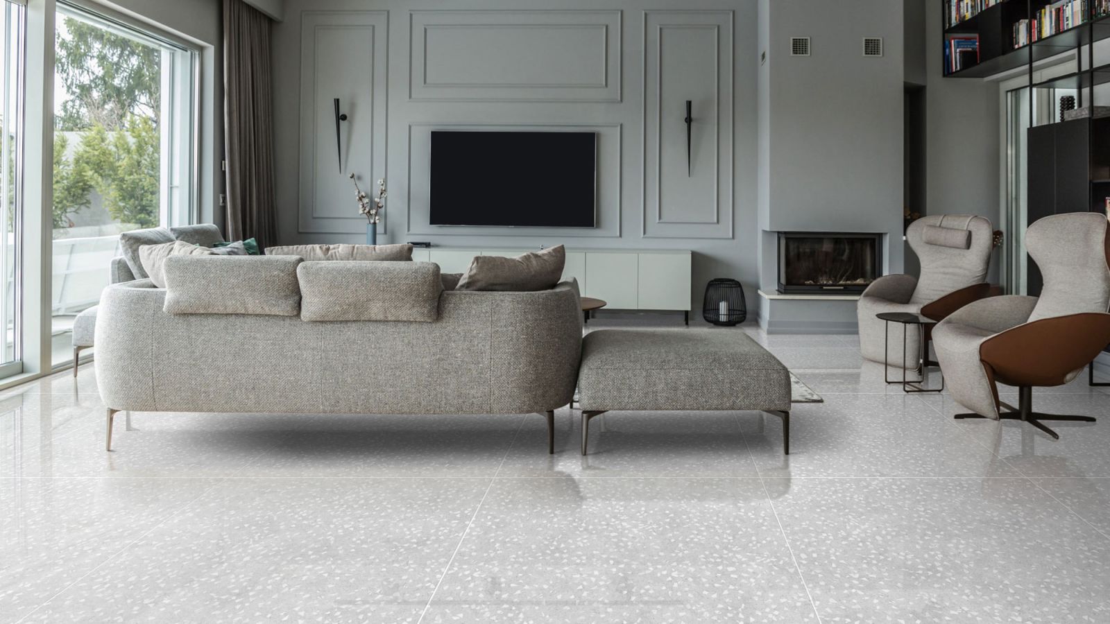Phòng khách hiện đại sử dụng gạch terrazzo 80x80 bóng kính màu ghi sáng TTC01