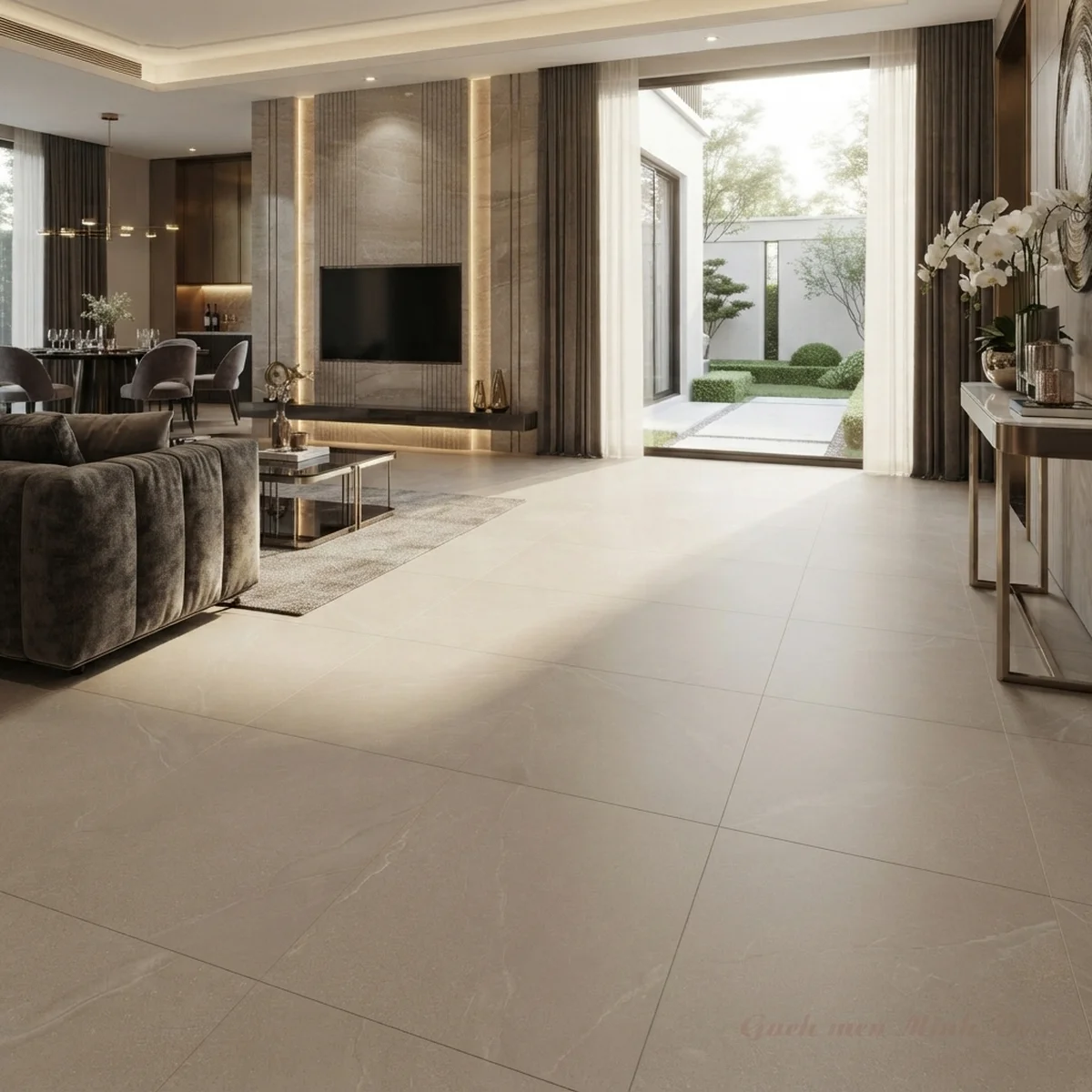 Gạch 80x80 men mờ màu vàng kem hiệu ứng khắc carving vân đá nhẹ