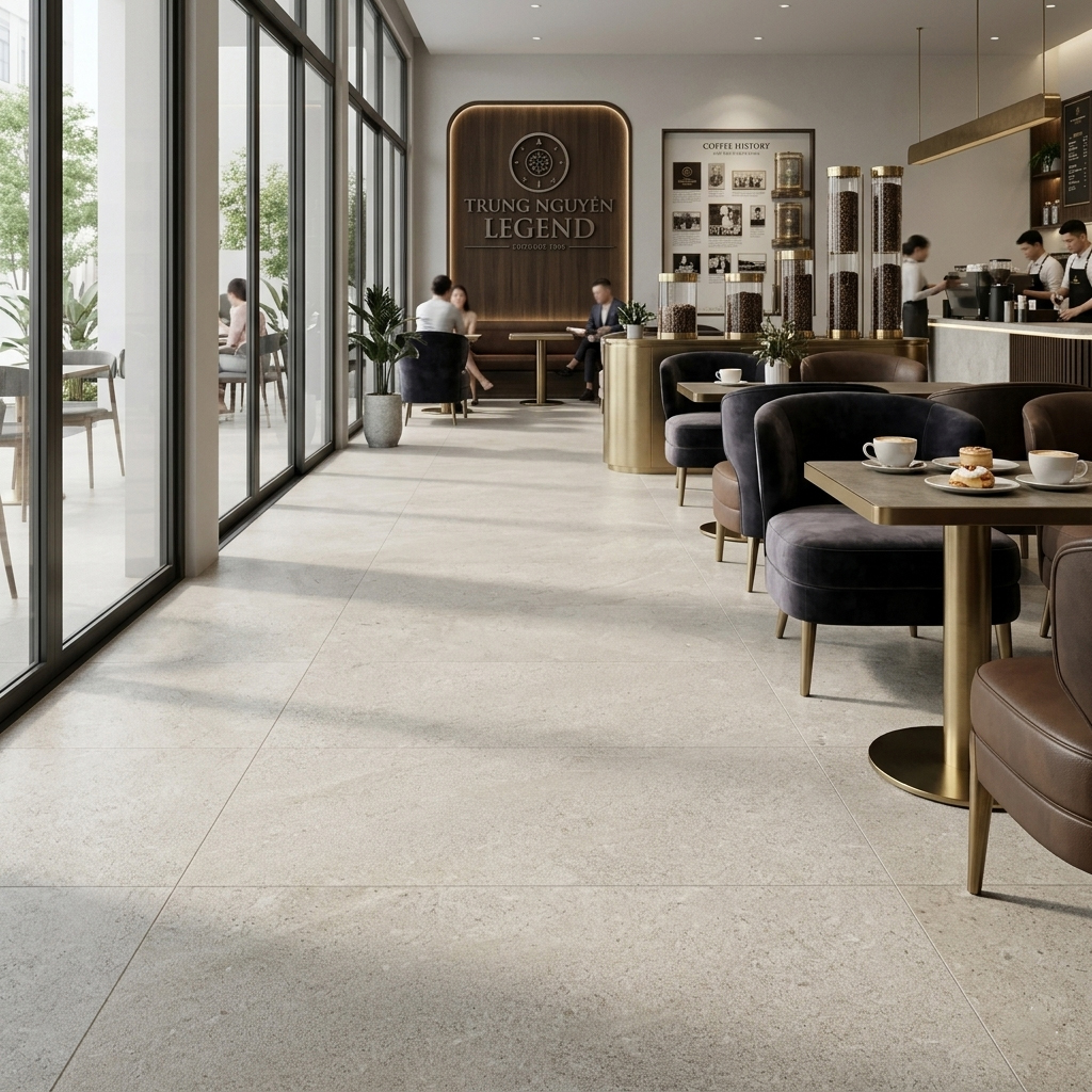 Quán Coffee hiện đại sử dụng gạch lát nền 80x80 màu kem ghi Microdio Surface TTC012
