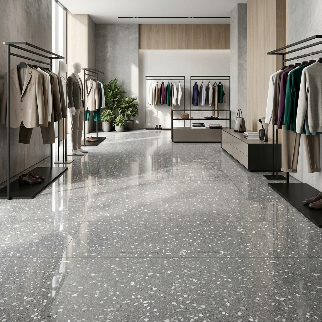 Không gian showroom sử dụng gạch terrazzo 80x80 màu ghi TTC02 bề mặt bóng kính