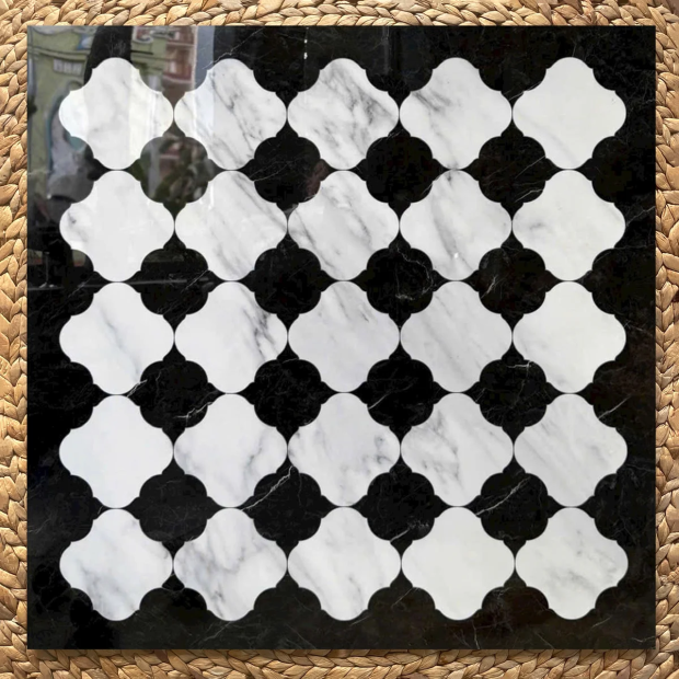 Gạch thảm 80x80 vân đá trắng đen họa tiết Moroccan D8802 trang trí phòng khách đẹp